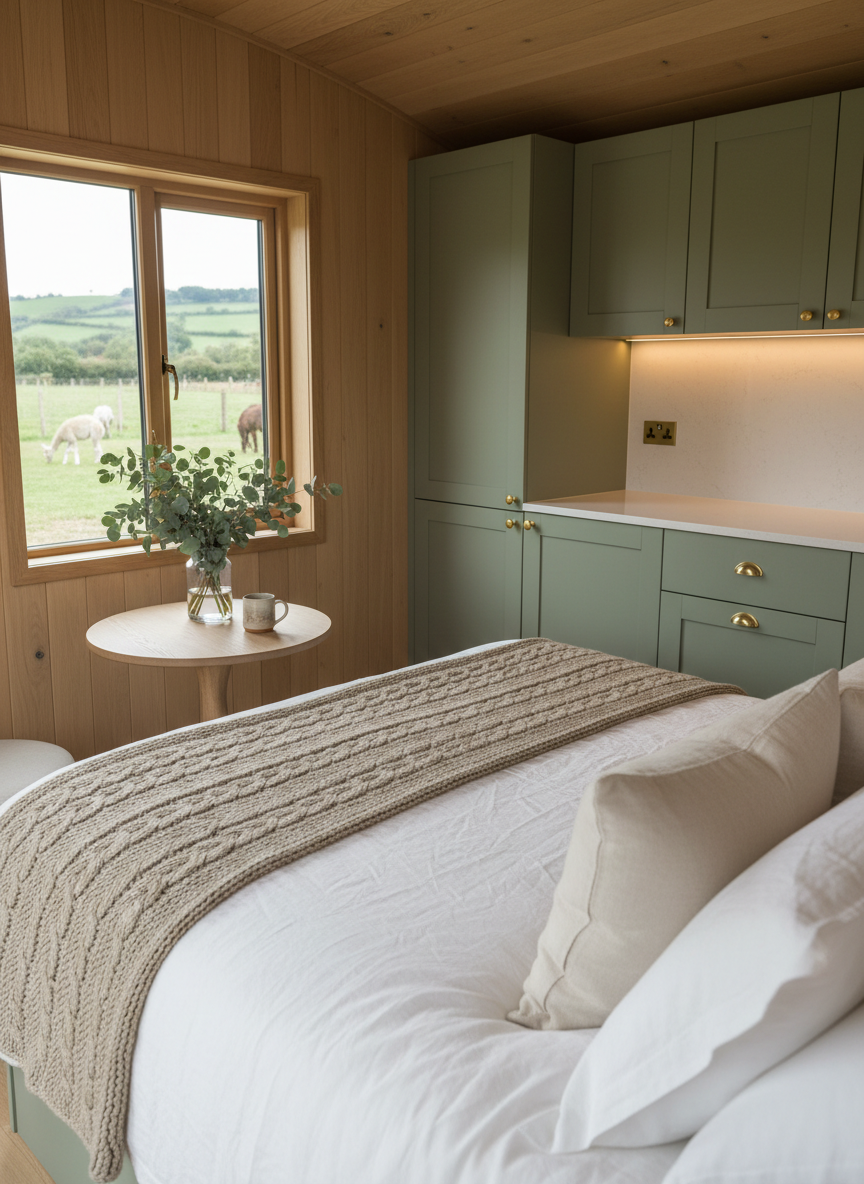 An elegantly styled interior of a luxury shepherd’s hut featuring pale oak panelled walls, a high-quality king-size bed with layered white linens, taupe wool throw, and plump feather pillows. A compact but refined kitchenette with matte sage-green cabinetry, brass hardware, and a quartz worktop sits opposite a small, round oak table set with a single stoneware mug and a vase of fresh greenery. Soft, warm LED strip lighting under cabinets blends with natural daylight spilling through a large window, revealing an alpaca paddock beyond in gentle blur. Shot from a slightly elevated corner angle with a moderate depth of field, the photographic realism highlights textures of wood, linen, and metal, creating a calm, sophisticated, cocoon-like atmosphere for adult guests.