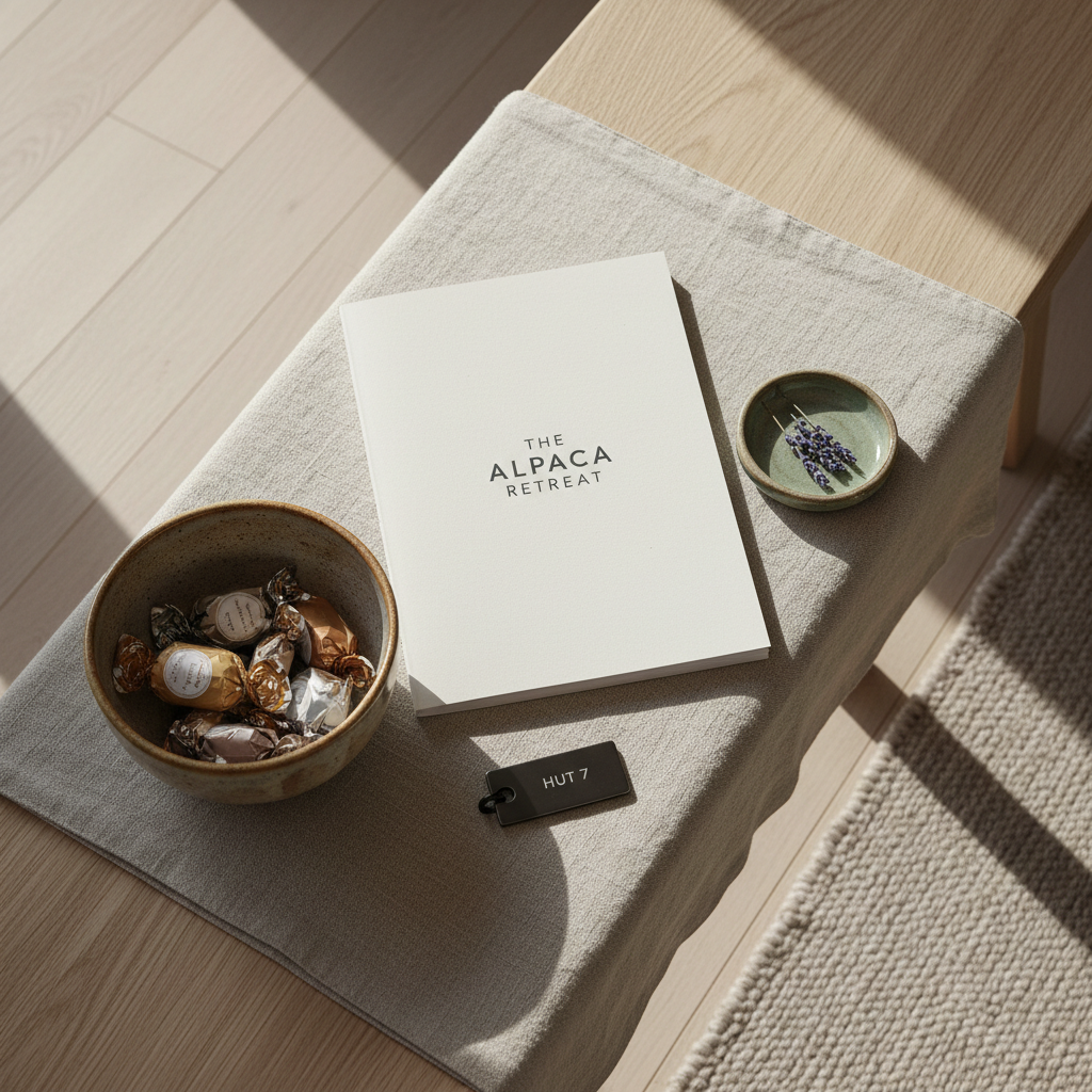 A refined, overhead photographic view of the hut’s carefully curated welcome arrangement on a natural linen-covered bench: a heavyweight, textured brochure titled “The Alpaca Retreat” with understated typography, a small ceramic dish containing a sprig of dried lavender, a matte black key fob with engraved hut name, and a hand-thrown stoneware bowl filled with luxury local chocolates in muted metallic wrappers. The surrounding interior shows hints of pale wooden floorboards and a neutral wool rug at the edge of the frame. Soft, diffused daylight from a nearby window creates even illumination with delicate shadows that emphasize textures. The composition is minimalist and balanced, with a calm, sophisticated atmosphere that conveys meticulous attention to detail and an adults-only, boutique-level experience.