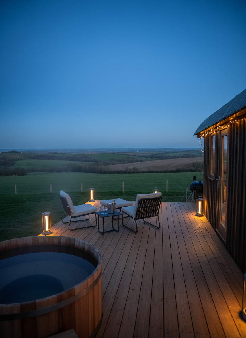 A secluded private deck attached to a shepherd’s hut, crafted from smooth, honey-toned hardwood planks, overlooking rolling Hertfordshire fields. A deep, freestanding cedar hot tub with subtly steaming water sits to one side, accompanied by a pair of minimalist, dark wicker lounge chairs with cream cushions and a small slate-topped table holding two sparkling crystal glasses and a bottle in an ice bucket. Discreet, modern lanterns line the deck edge. The scene is illuminated by soft twilight blue-hour light with warm fairy lights strung along the hut’s exterior, creating refined contrast. Photographed from a low, wide perspective toward the landscape with shallow depth of field, this photographic image feels intimate, sophisticated, and quietly romantic while remaining adults-only and discreet.