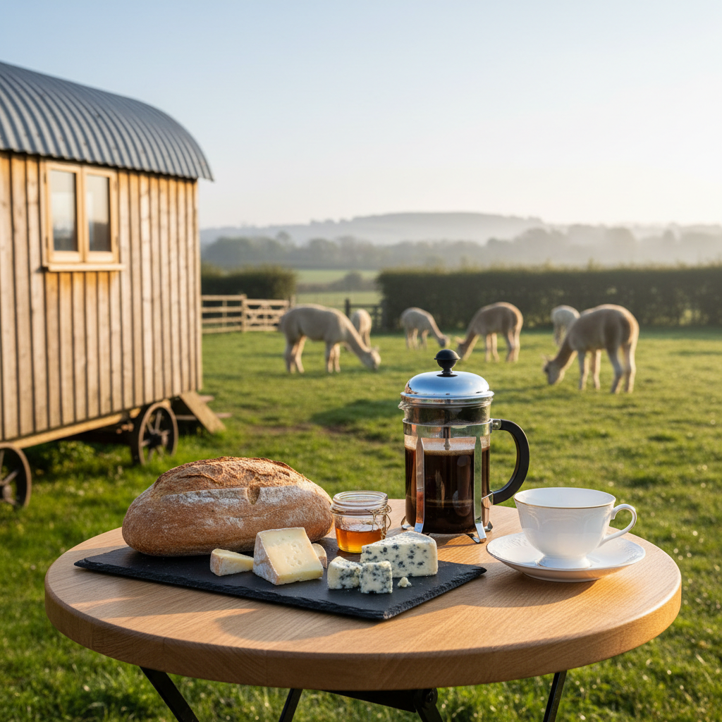 An artfully styled breakfast scene set on a small, private outdoor table beside the shepherd’s hut, constructed from smooth, weathered oak. On the table rests a slate serving board with freshly baked artisanal bread, local cheeses, and a small glass jar of golden honey, alongside a French-press of dark coffee and a single elegant porcelain cup with a fine rim. In the mid-distance, through the shallow depth of field, alpacas graze calmly in a paddock bordered by traditional hedgerows. Early morning sunlight filters through light haze, creating soft highlights on the glass and subtle shadows from the tableware. Shot from a slightly elevated angle in clean photographic realism, the mood is indulgent, unhurried, and distinctly adult, reflecting a sophisticated countryside retreat experience without any human presence.