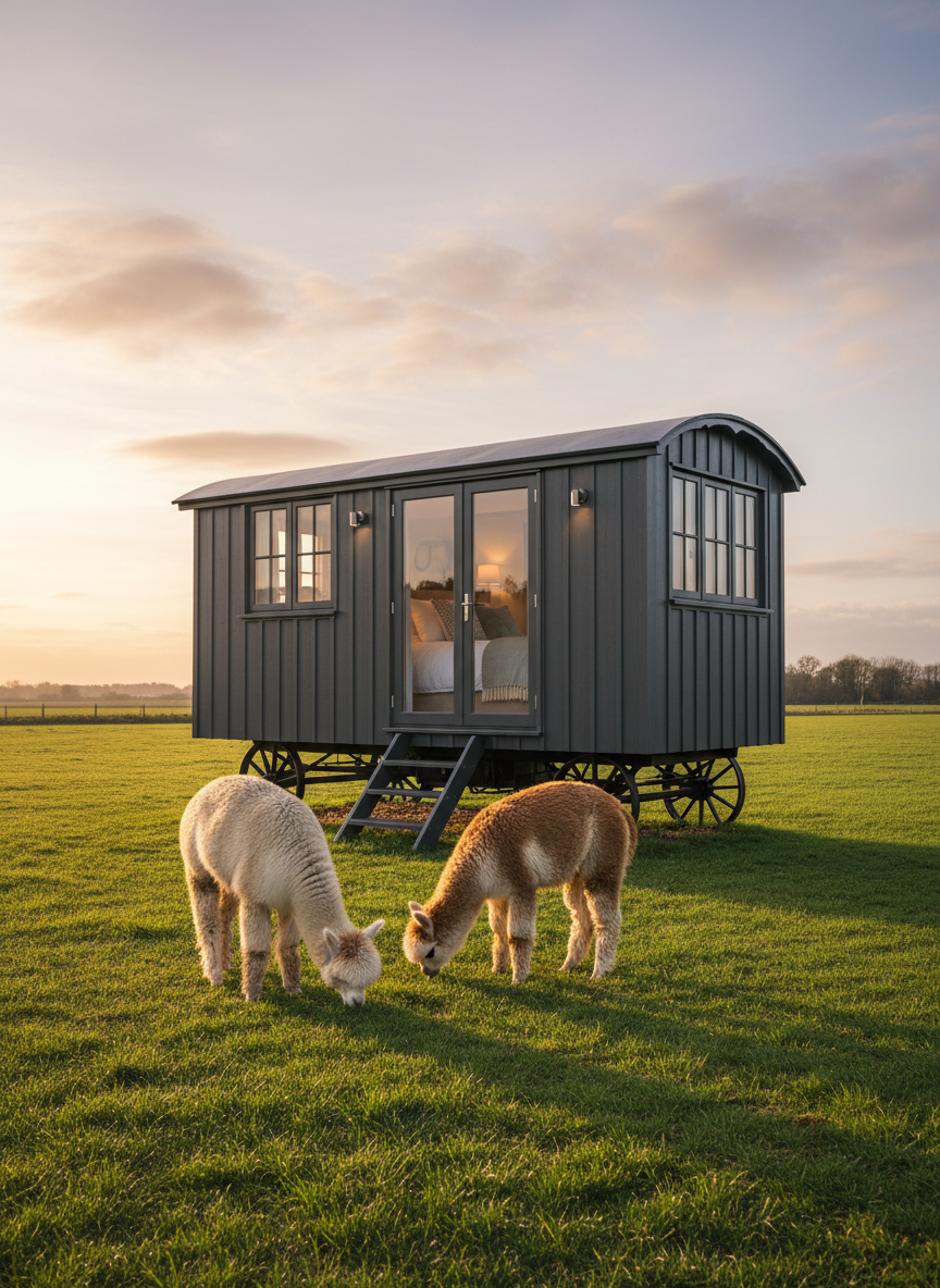 A meticulously restored, charcoal-grey shepherd’s hut with smooth timber cladding and black iron wheels, set on a manicured meadow in Hertfordshire. The hut’s large, double-glazed windows reveal a glimpse of a plush interior with neutral linens and soft lighting. In the foreground, two cream-and-caramel alpacas graze calmly on emerald grass, their fleece appearing soft and luxurious. Late afternoon golden-hour sunlight bathes the scene, creating long, elegant shadows and a warm glow on the hut’s brushed metal fixtures. Photographed at eye level with a balanced, wide-angle composition and crisp photographic realism, the mood is sophisticated, serene, and quietly indulgent, perfect for an adults-only countryside retreat.