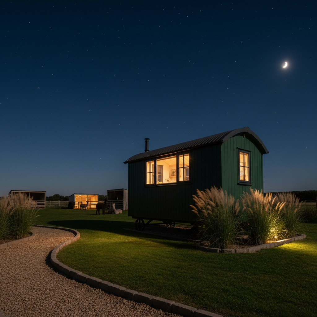A night-time exterior view of the shepherd’s hut at The Alpaca Retreat, finished in deep green, satin-painted cladding with black-framed windows and a discreet tin roof. Warm, inviting light spills from the windows, hinting at luxurious interiors within. The hut is surrounded by neatly trimmed grass, low stone edging, and a few well-placed ornamental grasses swaying gently. In the near distance, softly lit alpaca shelters and resting alpaca silhouettes add interest without overpowering the scene. The sky is deep navy, scattered with stars, and a subtle crescent moon adds refinement. Photographed from a slightly low, three-quarter angle in sharp photographic realism, the composition uses leading lines from a gravel path and low, concealed ground lighting, creating an atmosphere of sophisticated seclusion and high-end rural escape.