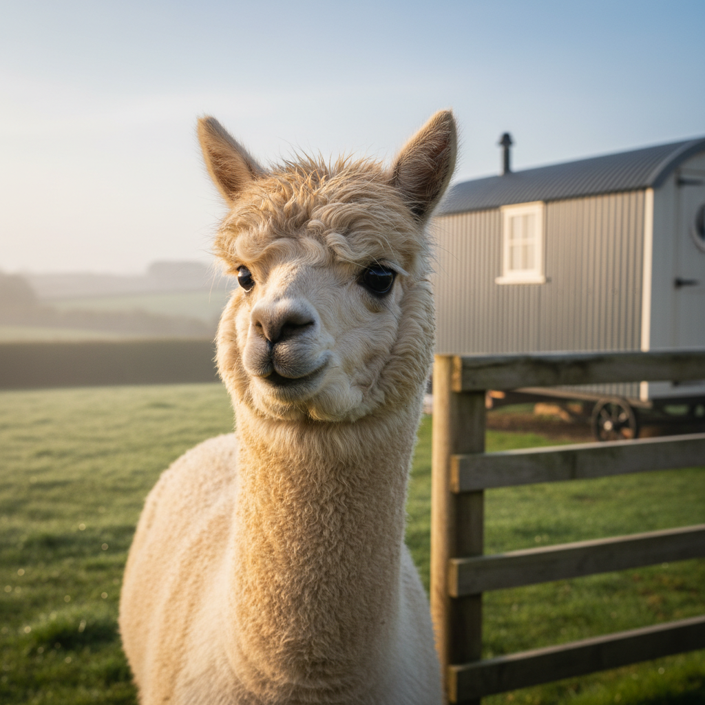 A close-up, photographic portrait of a single alpaca with impeccably groomed, dense cream fleece and expressive dark eyes, standing beside a rustic yet refined wooden fence. The background reveals a softly blurred view of the luxury shepherd’s hut in muted greys and off-whites, set amidst verdant pasture and distant hedgerows. Early morning, lightly misty light wraps around the alpaca, producing a gentle halo effect along the edges of its fleece and subtle catchlights in the eyes. Captured at eye level with shallow depth of field and precise focus on the alpaca’s face, the composition uses the rule of thirds for a balanced, gallery-worthy image. The atmosphere is serene, elegant, and quietly enchanting, underscoring the sophisticated character of the alpaca retreat.